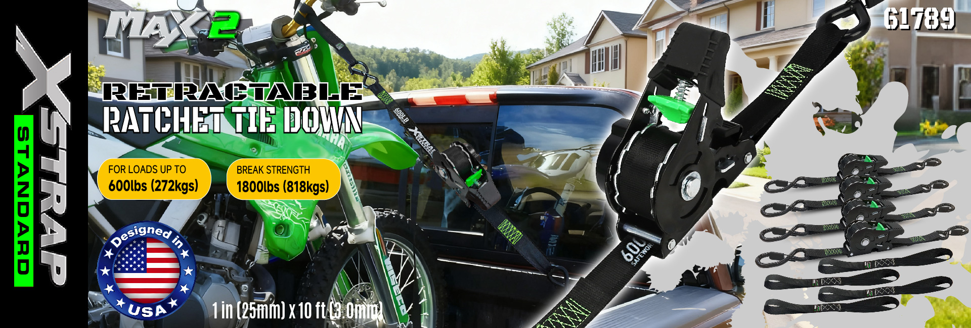 Xstrap 61789 Curele de fixare cu clichet retractabile 1 in x 10 ft Legături sigure pentru motociclete Jetski Kayak Rezistență la rupere 1.500 LBS/680 KG