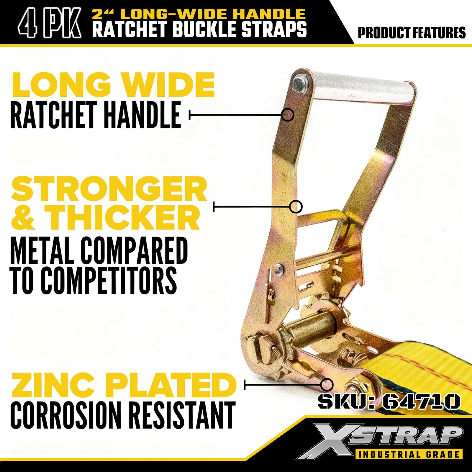 Xstrap 64710 Curele cu cataramă cu clichet, 2 inchi, 27 ft lungime, mâner lat, cu cârlige de sârmă, rezistență la rupere 10.000 lbs (pachet de 4)