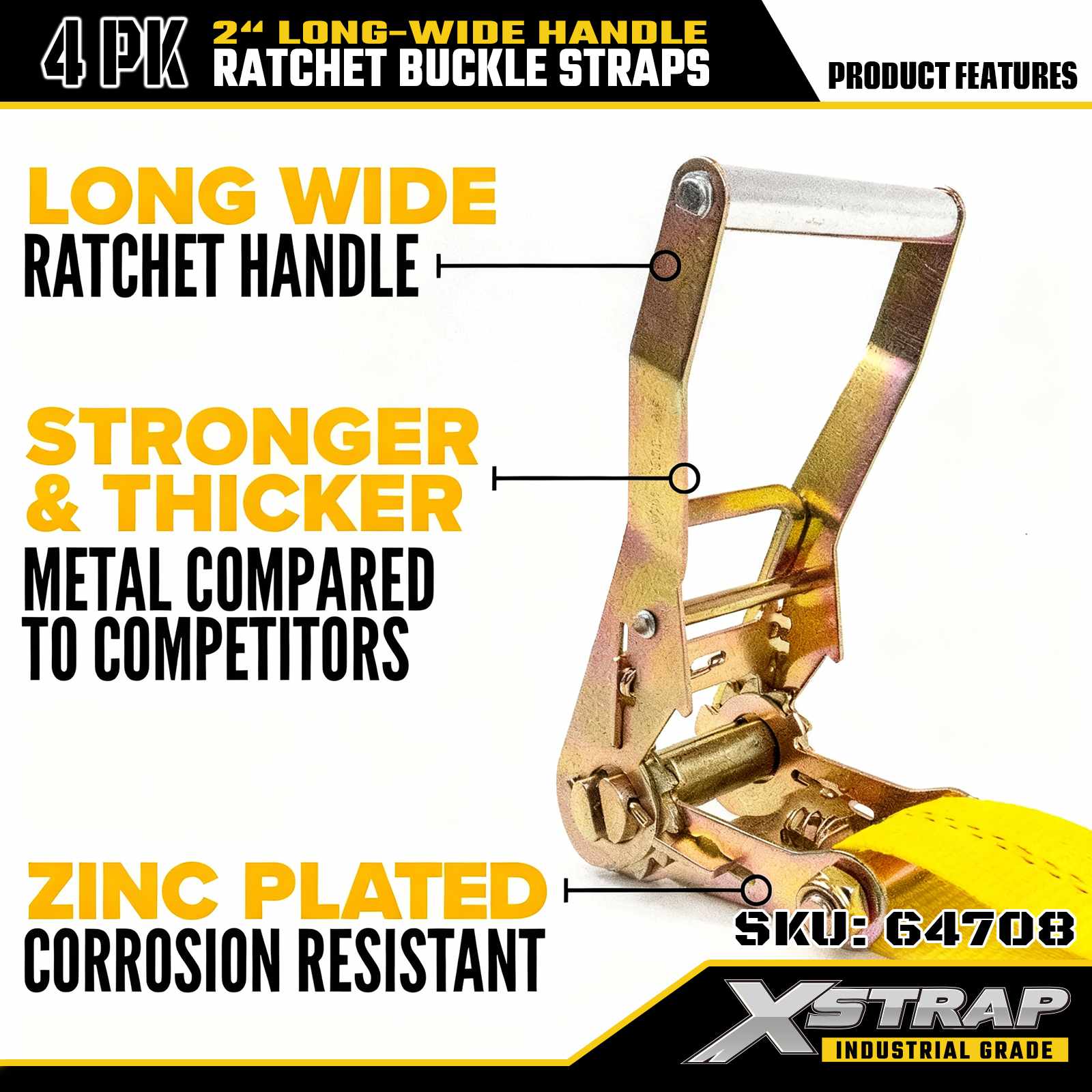 Xstrap 64708 Curele cu cataramă cu clichet, 2 inchi, 30 ft, lungime, mâner lat, cu cârlige plate, rezistență la rupere de 10.000 lbs (pachet de 4)