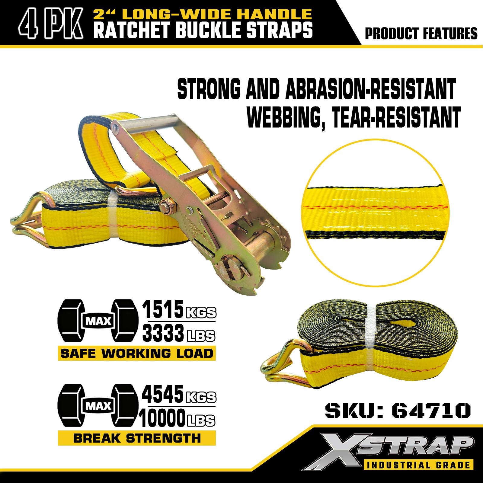 Xstrap 64710 Curele cu cataramă cu clichet, 2 inchi, 27 ft lungime, mâner lat, cu cârlige de sârmă, rezistență la rupere 10.000 lbs (pachet de 4)