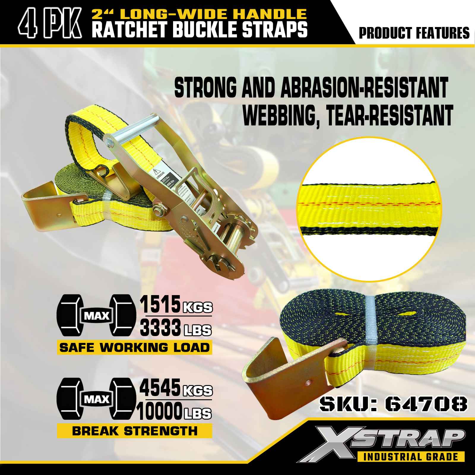 Xstrap 64708 Curele cu cataramă cu clichet, 2 inchi, 30 ft, lungime, mâner lat, cu cârlige plate, rezistență la rupere de 10.000 lbs (pachet de 4)