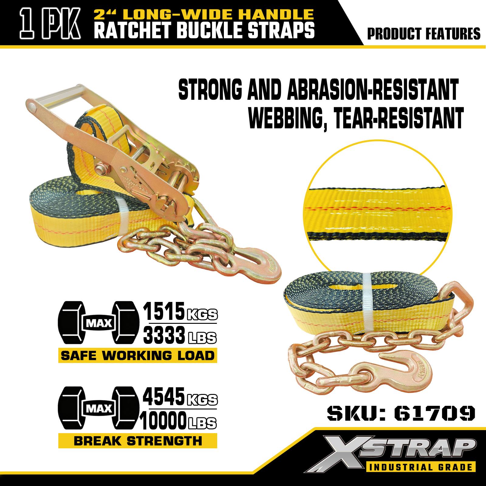 Xstrap 61709 Curele cu cataramă cu clichet, 2 inchi, 27 ft lungime, mâner lat, cu cârlige de lanț Rezistență la rupere 10.000 lbs (1 pachet)