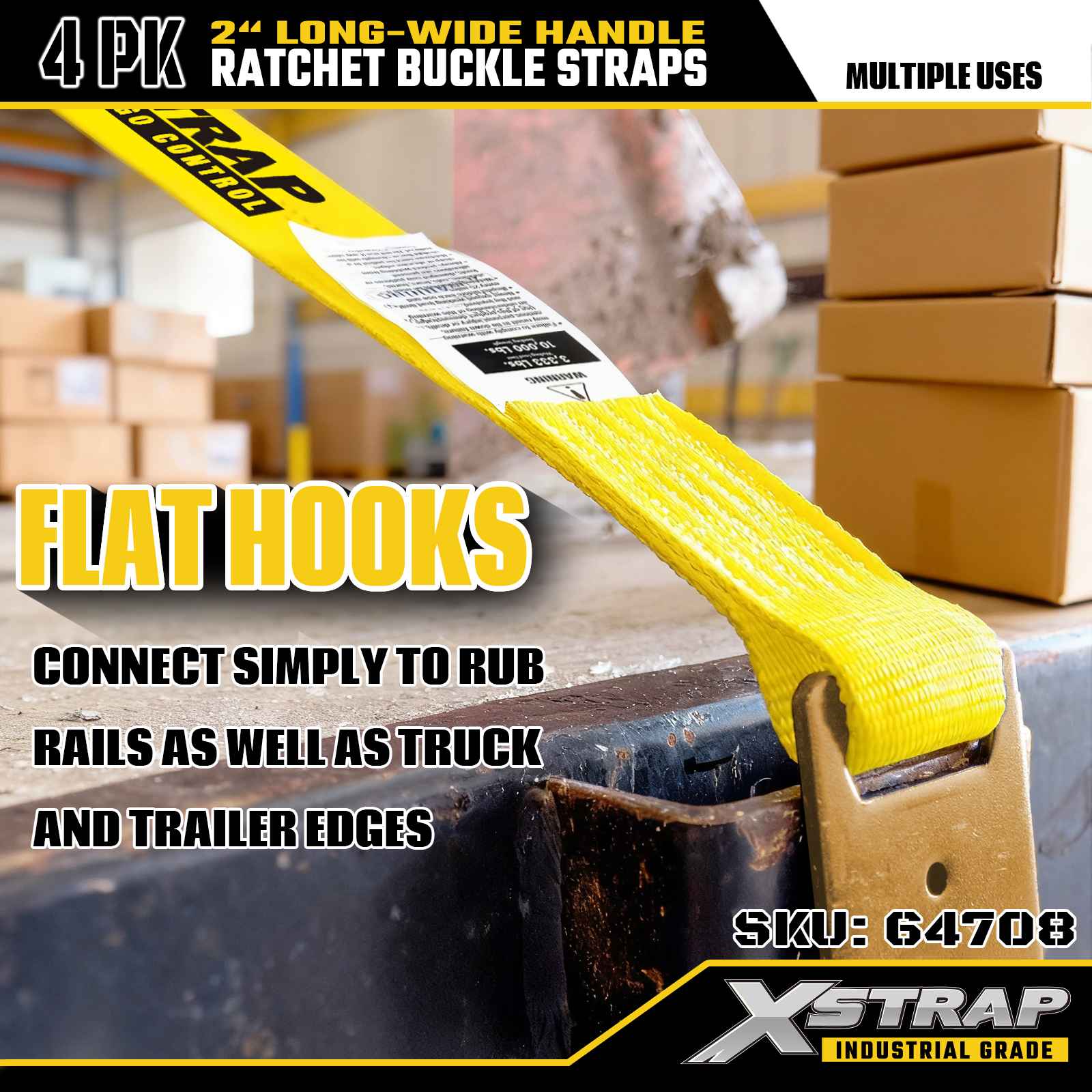 Xstrap 64708 Curele cu cataramă cu clichet, 2 inchi, 30 ft, lungime, mâner lat, cu cârlige plate, rezistență la rupere de 10.000 lbs (pachet de 4)