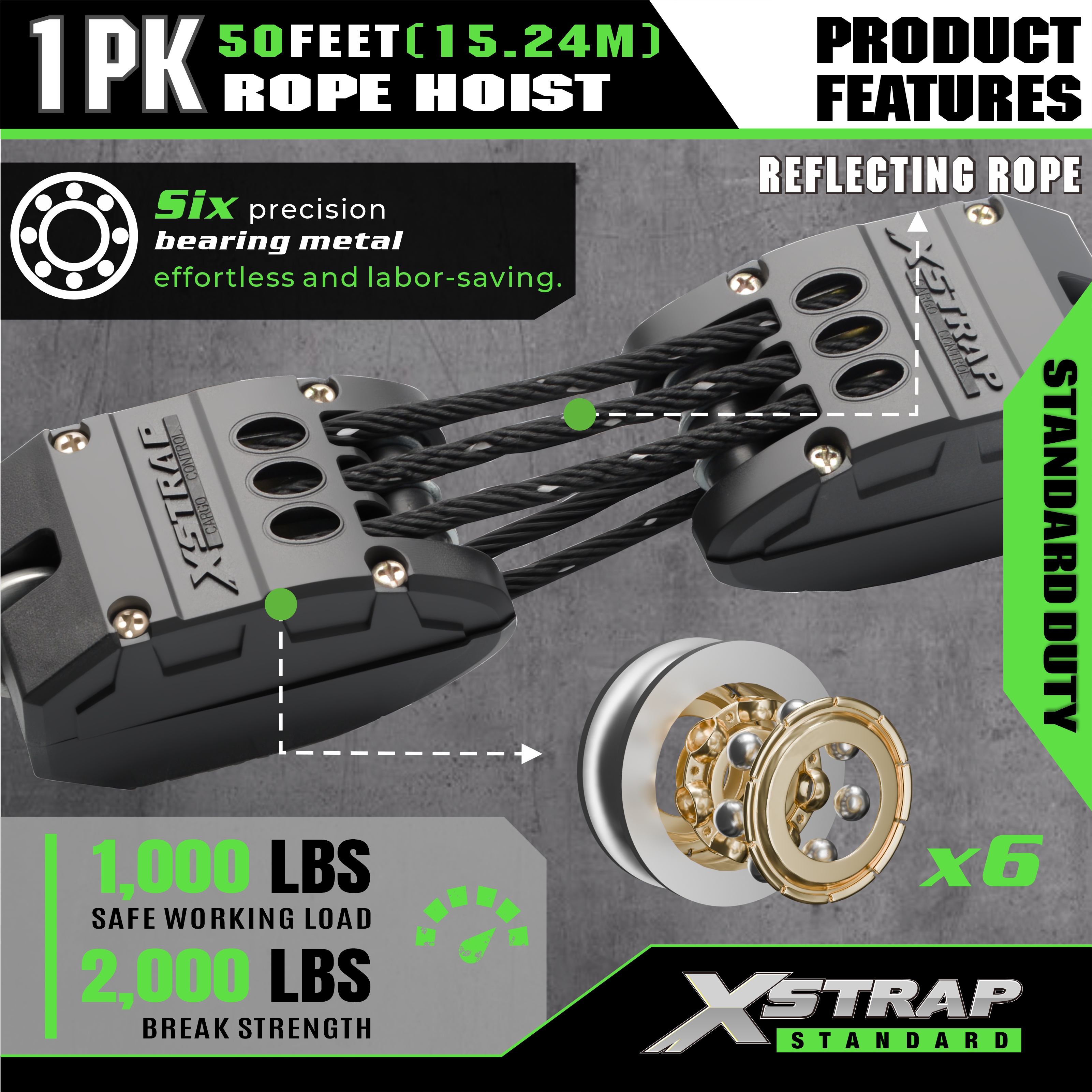 XSTRAP AHLT0003-negru reflectorizant sistem cu roată de ridicare cu cablu 1000LB