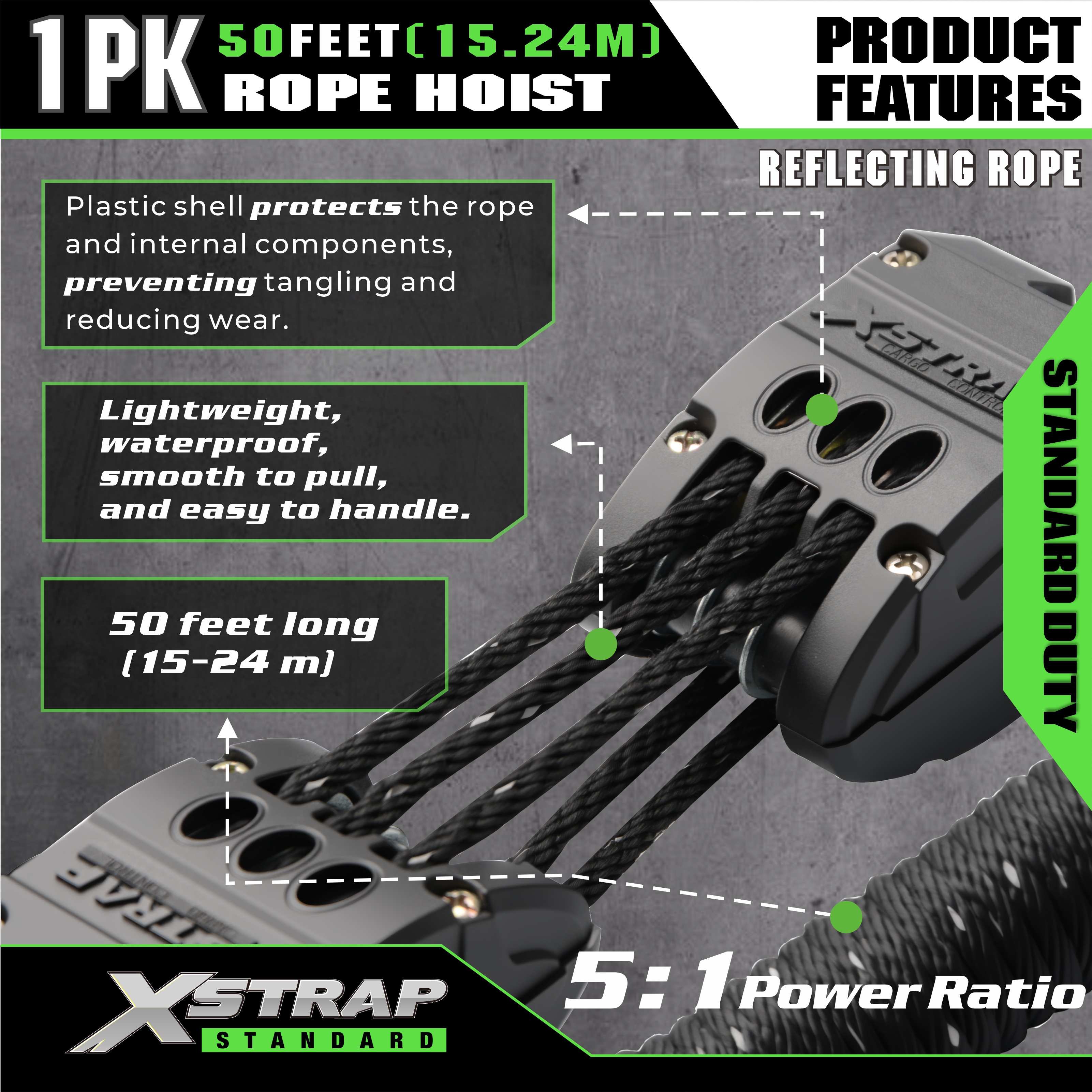 XSTRAP AHLT0003-negru reflectorizant sistem cu roată de ridicare cu cablu 1000LB