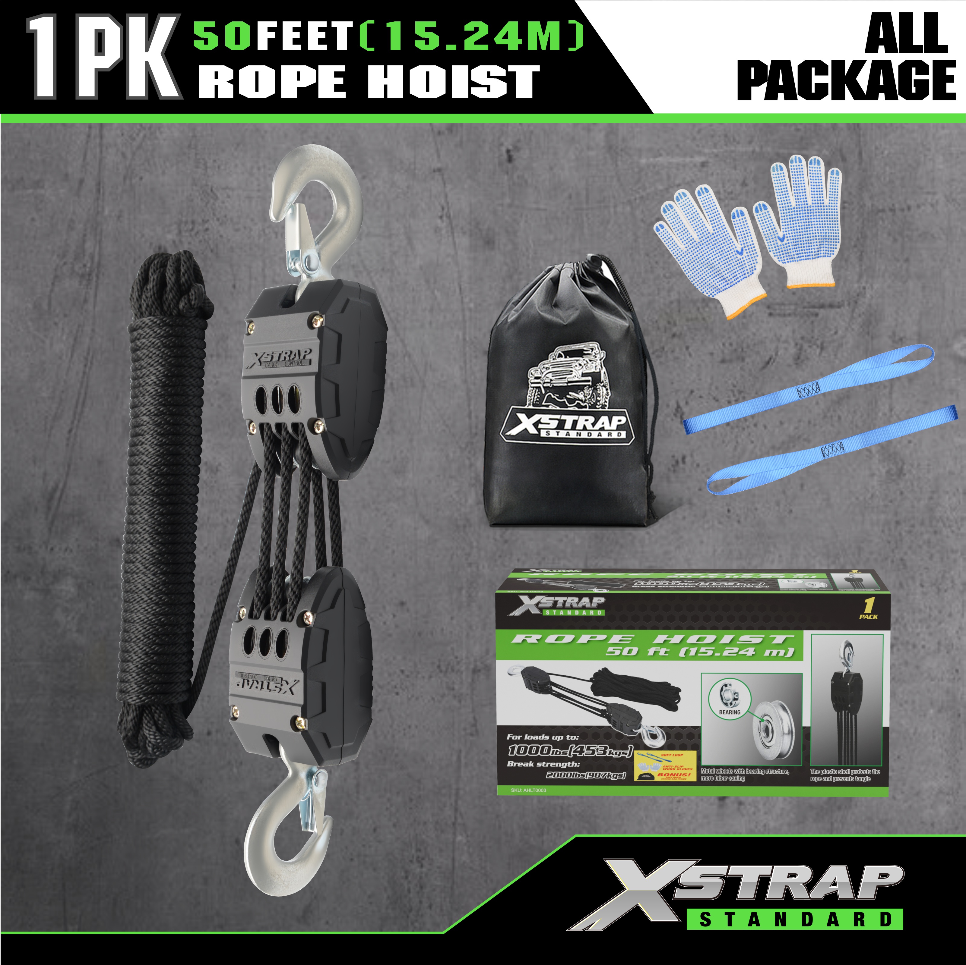 XSTRAP AHLT0003 Sistem de scripete de ridicare cu cablu negru 1000LB