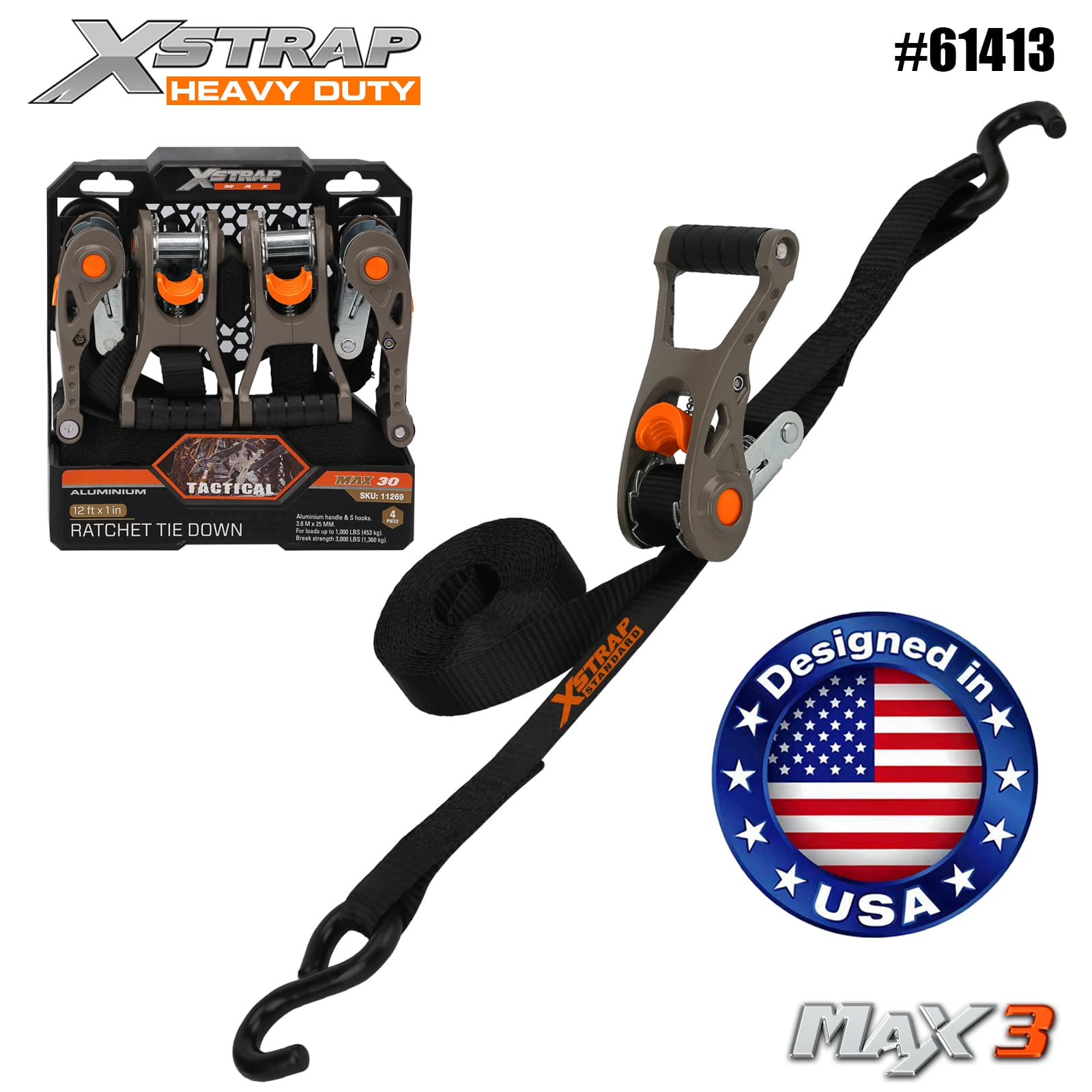 Xstrap 61413 1” x 14’ 4PK Legare tactică cu clichet cu buclă moale SWL 1000lb