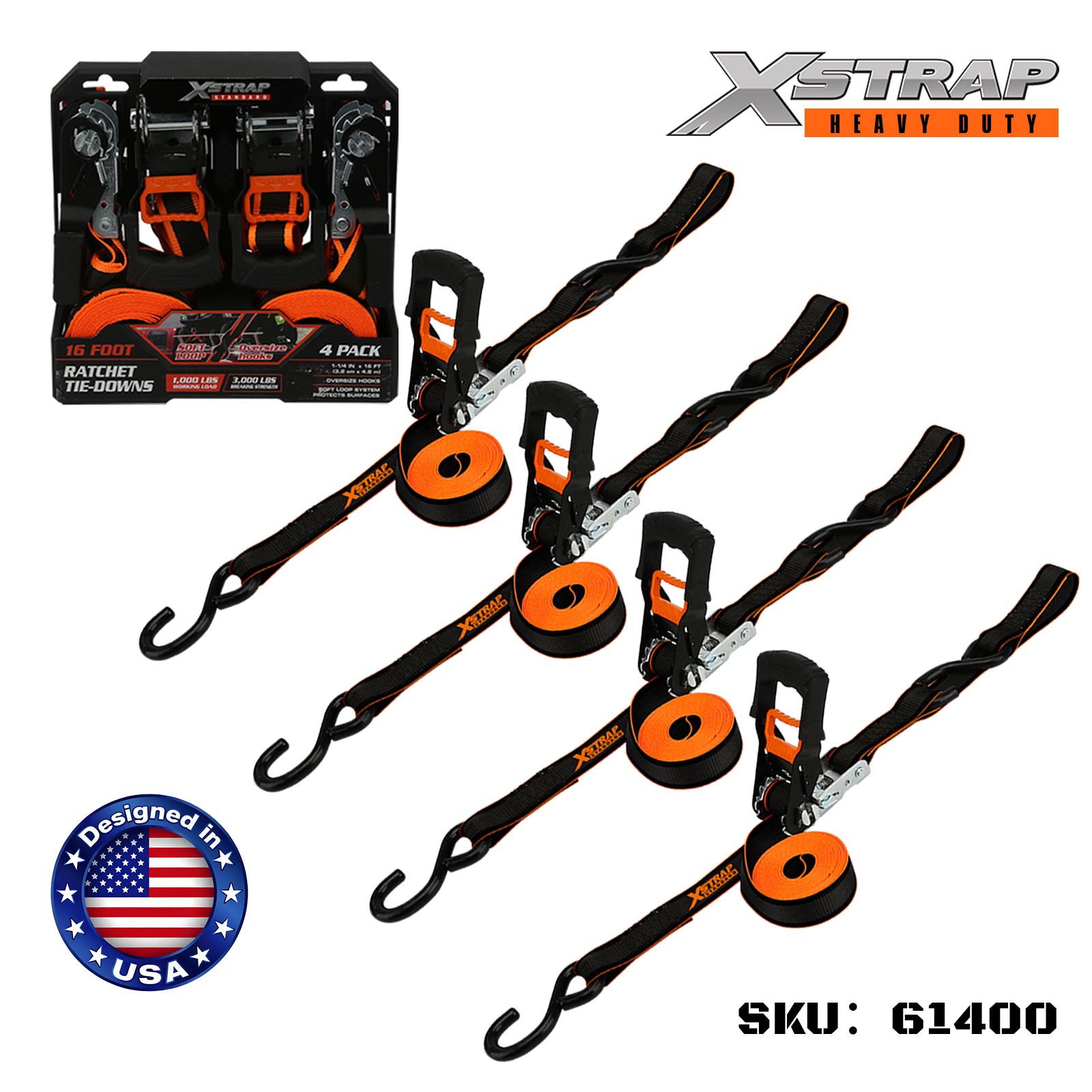 Xstrap 61400 1-1/4” x 16’ 4PK Legare cu clichet cu cârlige supradimensionate 1000lb SWL