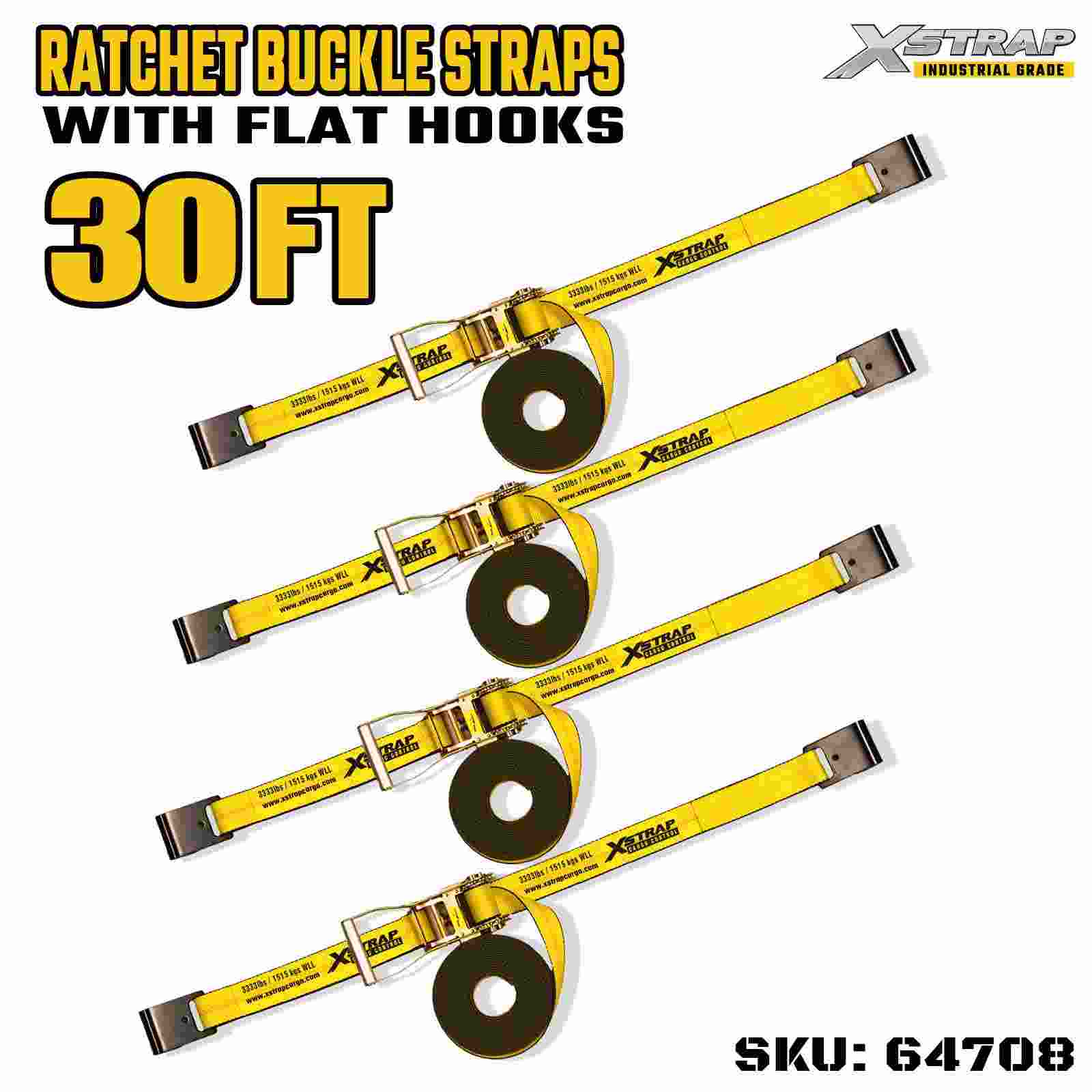 Xstrap 64708 Curele cu cataramă cu clichet, 2 inchi, 30 ft, lungime, mâner lat, cu cârlige plate, rezistență la rupere de 10.000 lbs (pachet de 4)