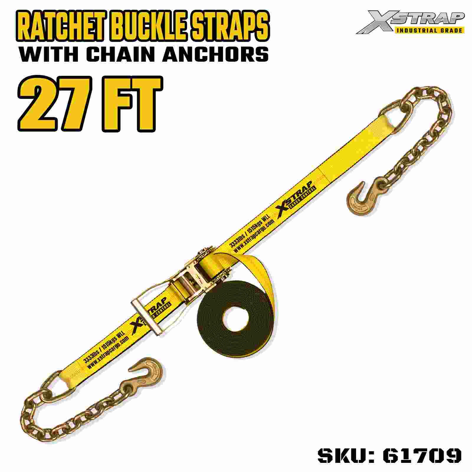 Xstrap 61709 Curele cu cataramă cu clichet, 2 inchi, 27 ft lungime, mâner lat, cu cârlige de lanț Rezistență la rupere 10.000 lbs (1 pachet)