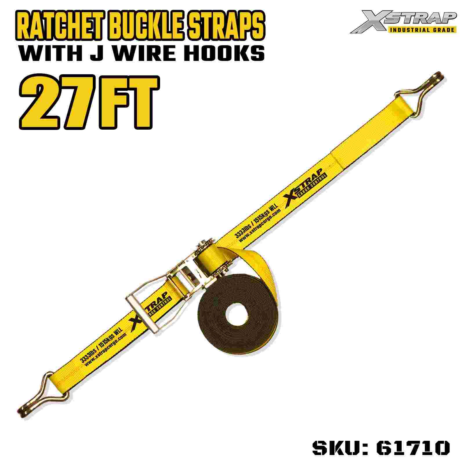 Xstrap 61710 Curele cu cataramă cu clichet, 2 inchi, 27 ft, lungime, mâner lat, cu cârlige de sârmă, capacitate de 10.000 lbs (pachet de 1)