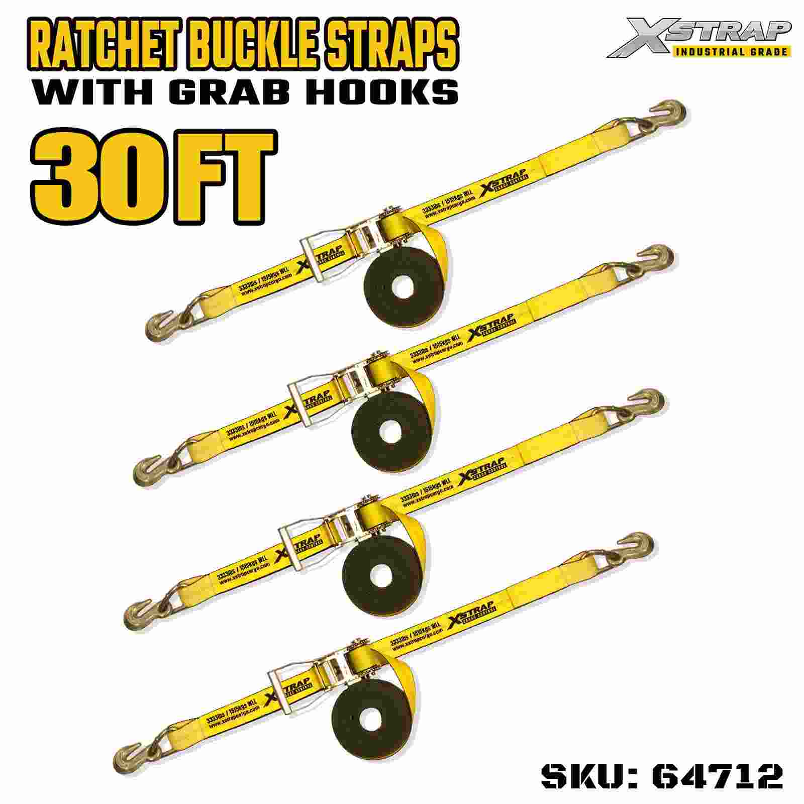 Xstrap 64712 Curele cu cataramă cu clichet, 2 inchi, 27 ft lungime, mâner lat, cu cârlige de crab Rezistență la rupere 10.000 lbs (pachet de 4)