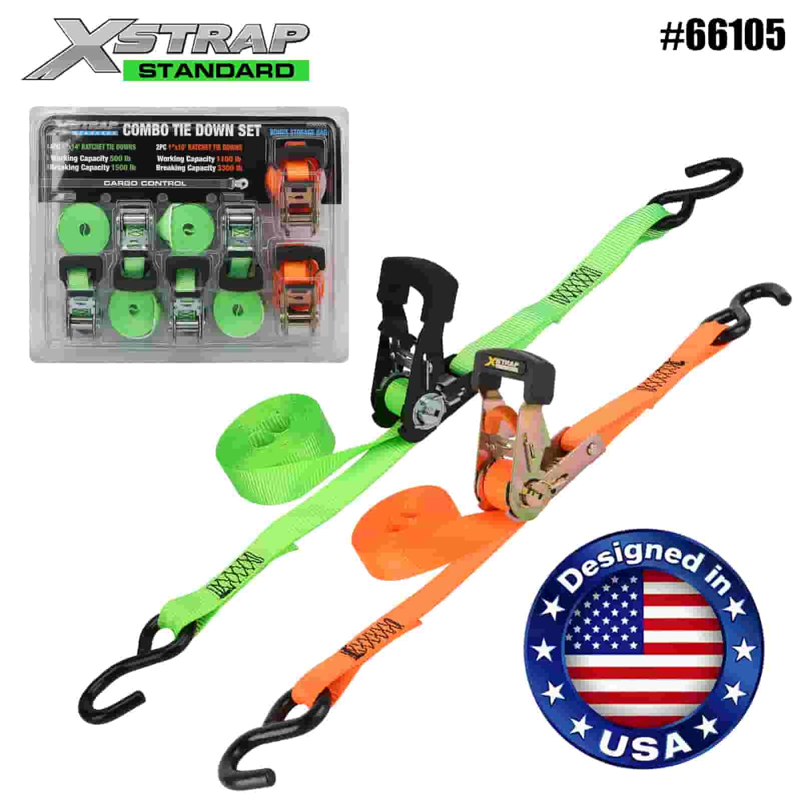 Xstrap 66105 1” x 14’ 4PK 500lb SWL și 1” x 10’ 2PK 1100lb SWL Set Combo Tie Down