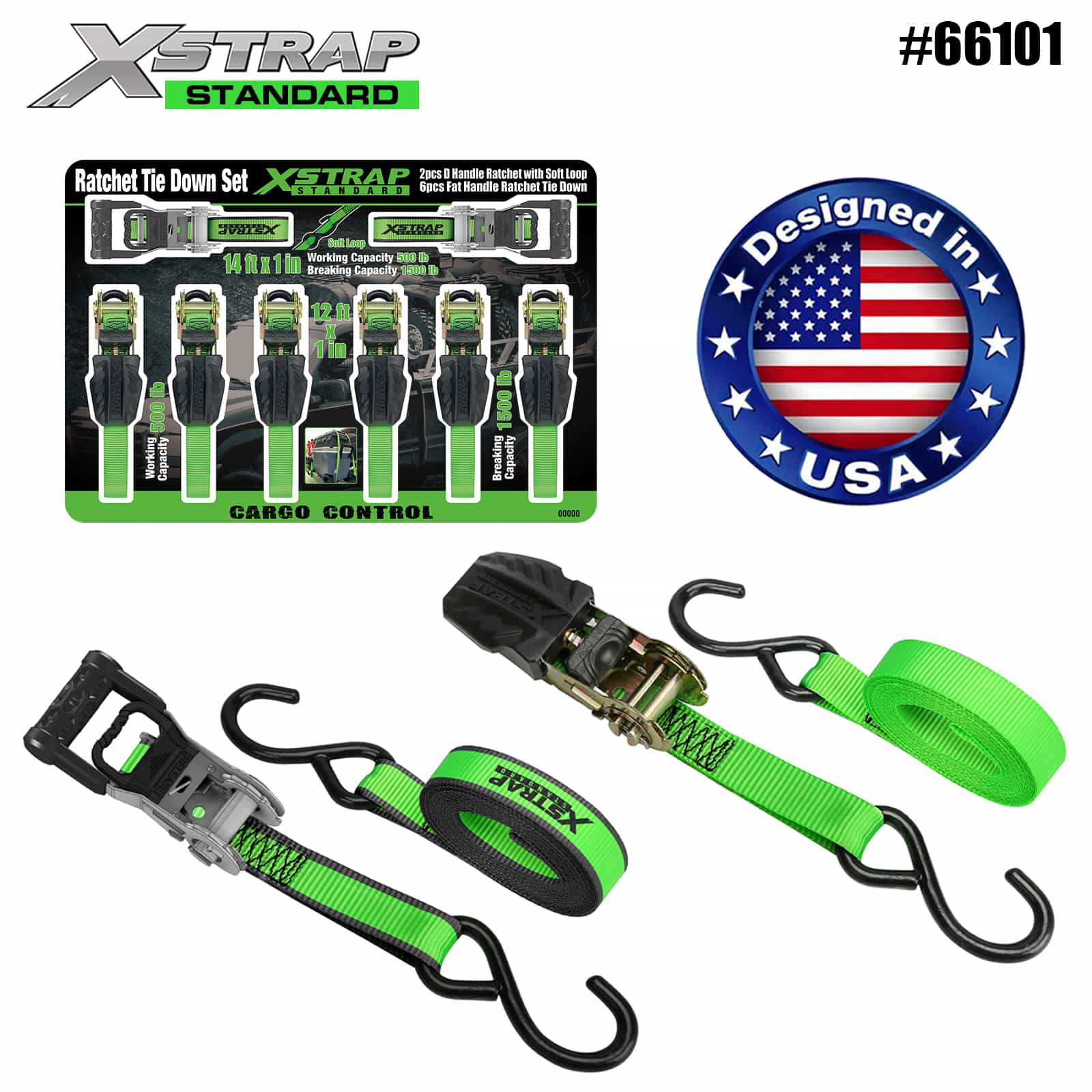 Xstrap 66101 Clichet cu mâner D de 1” x 14’ 2PK cu buclă moale SWL de 500 lb și 1” x 12’ 6PK clichet cu mâner plat legat 500 lb SWL