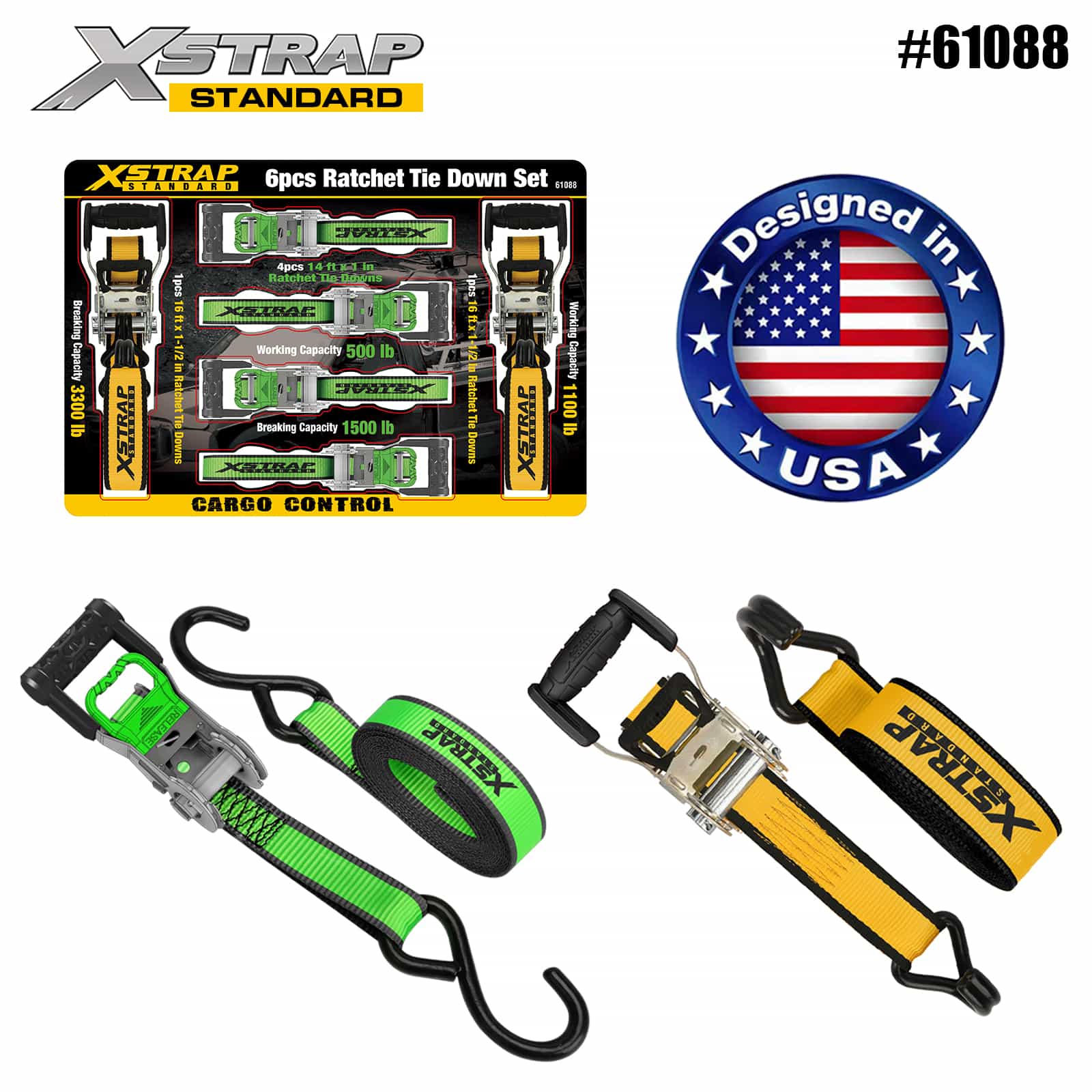 Xstrap 61088 Clichet cu mâner D 1” x 14’ 4PK cu buclă moale SWL 500lb și 1” x 16’ 2PK mâner cu clichet extra-larg Legare 1100lb SWL