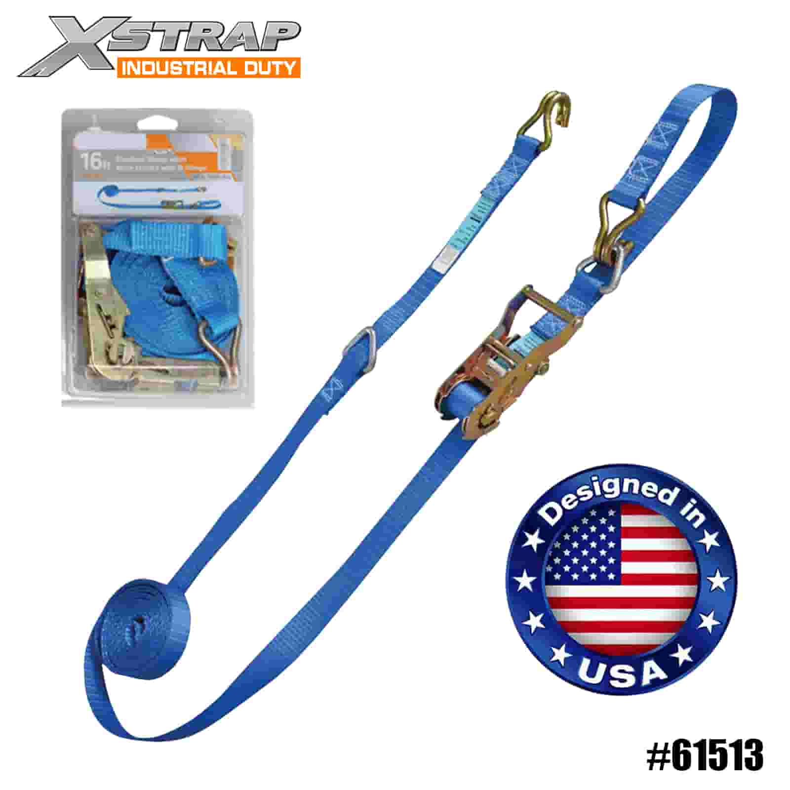 Xstrap 61513 Curea cu clichet 1” x 16’ 4PK cu inele D și cârlige de sârmă 1000lb SWL