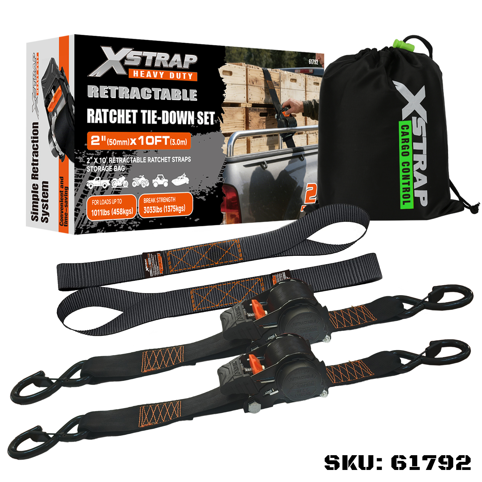 Xstrap 61792 2PK 2” x 10’ Set de fixare cu clichet retractabil cu cârlige S de siguranță 1011 lb SWL