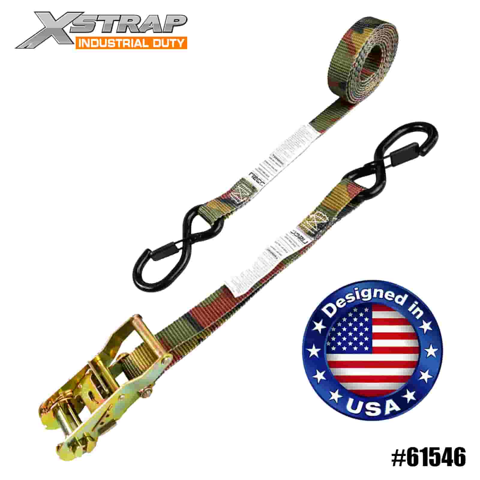 Xstrap 61546 Curea cu clichet cu suport pentru arbore Camo 1” x 8 pi cu cârlige S de siguranță acoperite cu vinil 666 lb SWL